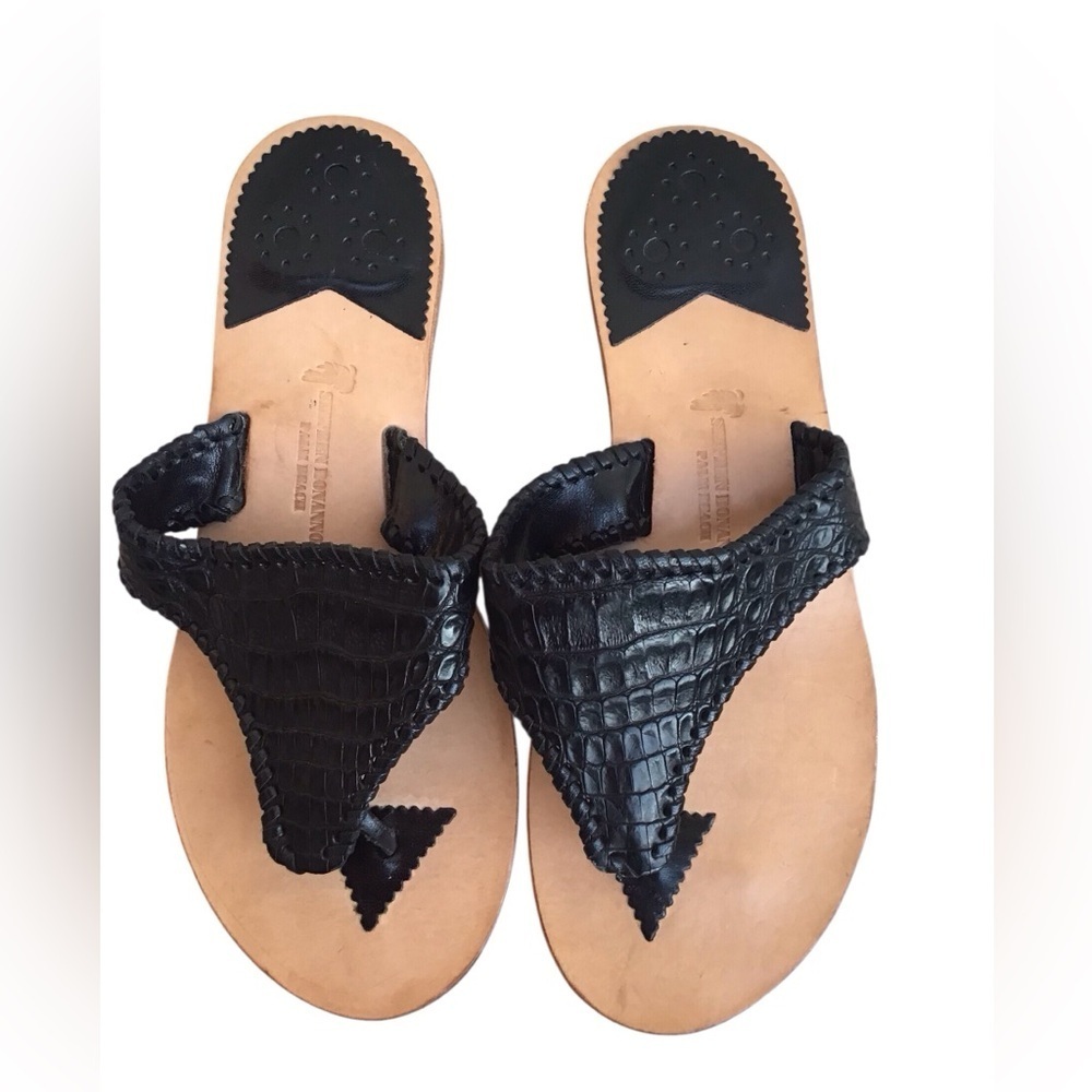 Stephen Bonanno Black Croc Embossed Leather Thong Sandals